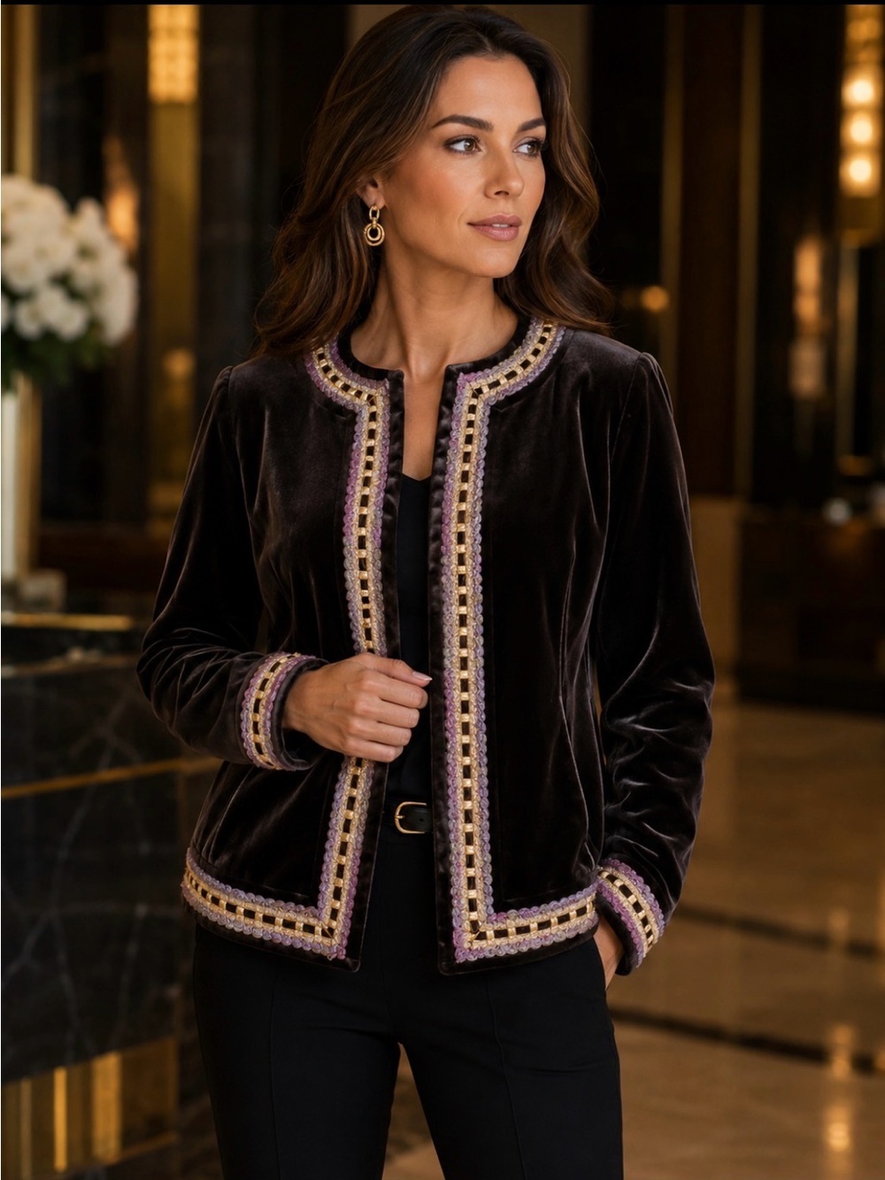Saks Chocolate Brown Velvet Crochet Embroidered Blazer Jacket XS Sz 10